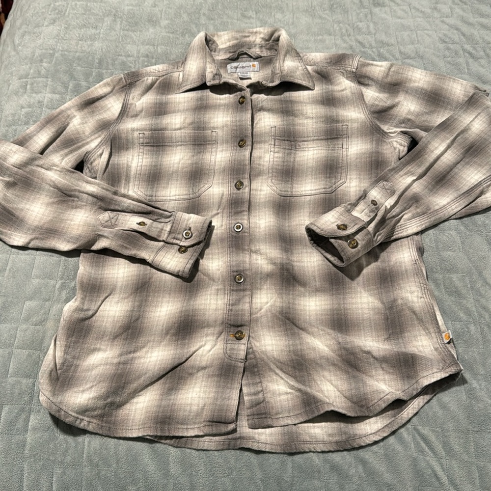 Carhartt Flannel Button Down Shirt, Brown, Cream, Gray, Size S